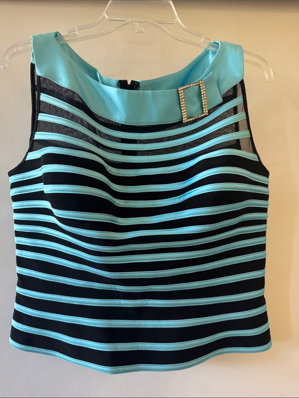 JS Collections Black and Aqua Striped Sleeveless Tank with Rhinestone Buckle